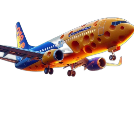 3d render, photorealistic, airplane, shaped, like, cheese, wheel, labeled transparent PNG cut-out