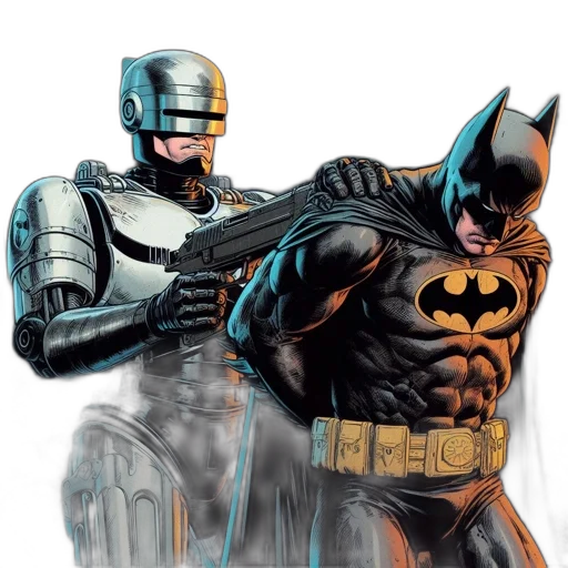 comic book art, concept art, fantasy art, iconic, characters, robocop, batman, meet transparent PNG cut-out