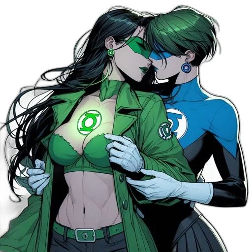comic book art, concept art, green, two, animated, characters, one, wearing transparent PNG cut-out