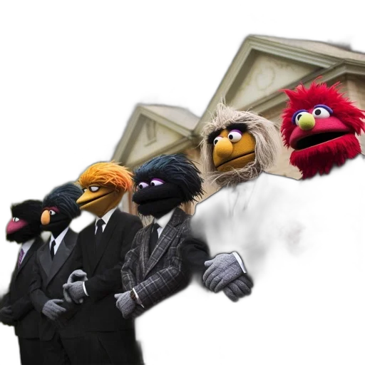 mask, staff, concept art, 3d render, group, diverse, puppet, characters transparent PNG cut-out