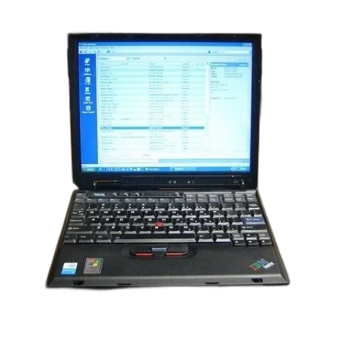 staff, laptop, blue, screen, sits, wooden, table, office transparent PNG cut-out