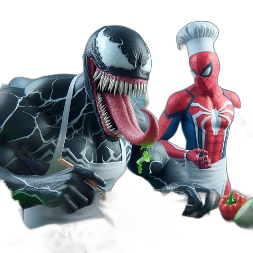 concept art, 3d render, comic book art, venom, spider-man, interact, kitchen, setting transparent PNG cut-out