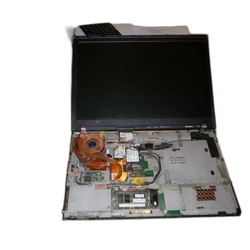 disassembled, laptop, computer, sits, wooden, table, various, papers transparent PNG cut-out