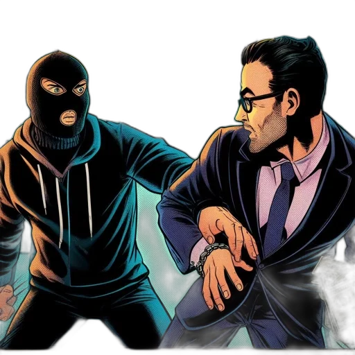 jacket, mask, comic book art, concept art, cartoon, two, men, one transparent PNG cut-out