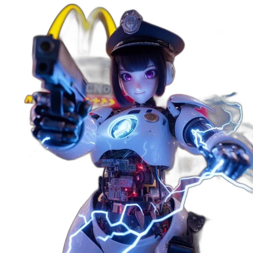robot, weapon, staff, cyberpunk, concept art, 3d render, vaporwave, neon lights transparent PNG cut-out