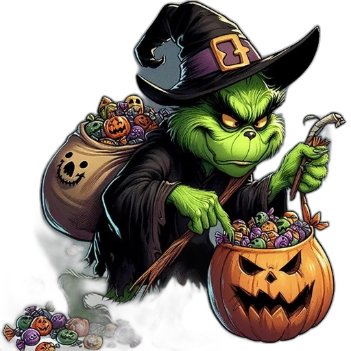 concept art, green, furry, creature, witch, hat, cloak, holds transparent PNG cut-out