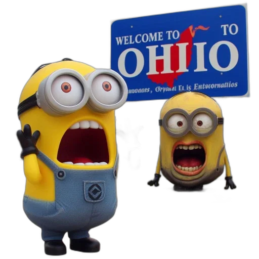 two, minions, stand, before, welcome, ohio, sign, one transparent PNG cut-out