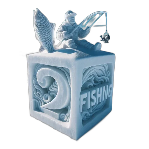3d render, concept art, large, detailed, ice, sculpture, features, fisherman transparent PNG cut-out