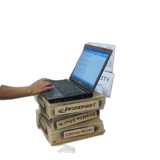person, using, laptop, makeshift, stand, made, infusionsoft, boxes transparent PNG cut-out