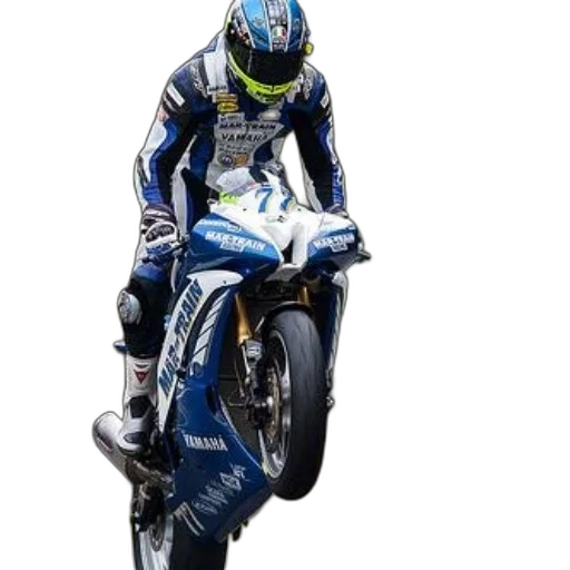 photorealistic, motorcycle, racer, blue, white, suit, performing, wheelie transparent PNG cut-out