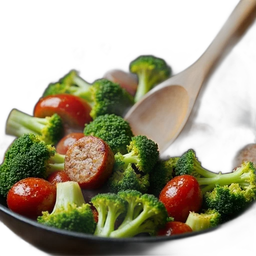 food, photorealistic, 3d render, broccoli, sausage, skillet, dinner, wooden transparent PNG cut-out