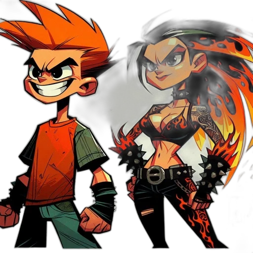 concept art, comic book art, cartoon, pixel art, fire, two, animated, characters transparent PNG cut-out