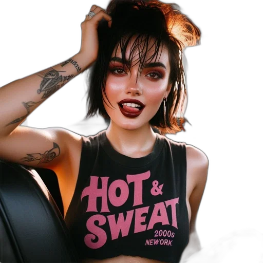 jacket, photorealistic, young, woman, bold, makeup, tattoos, 2000s-themed transparent PNG cut-out