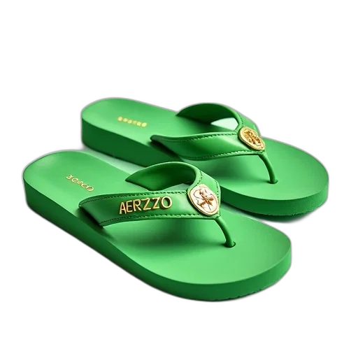 shoes, 3d render, green, pair, bright, flip-flops, gold, buckle transparent PNG cut-out