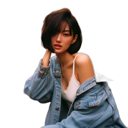 jacket, face, dress, hair, photorealistic, oil painting, vaporwave, concept art transparent PNG cut-out