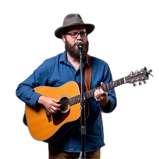 hat, jacket, man, beard, glasses, playing, acoustic, guitar transparent PNG cut-out