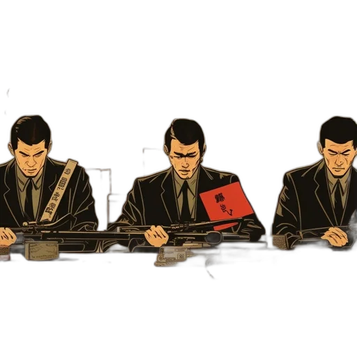 jacket, concept art, comic book art, cyberpunk, pixel art, three, men, black transparent PNG cut-out