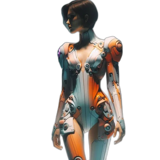 dress, robot, jewelry, concept art, 3d render, cyberpunk, fantasy art, colorful transparent PNG cut-out