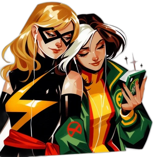comic book art, concept art, cartoon, neon lights, golden, two, animated, females transparent PNG cut-out