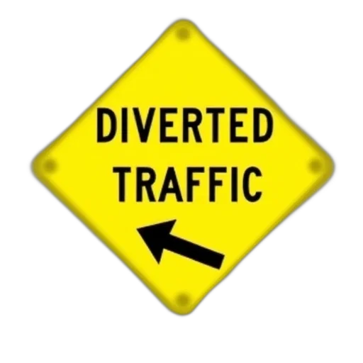 yellow, sign, black, text, reads, diverted, traffic, white transparent PNG cut-out