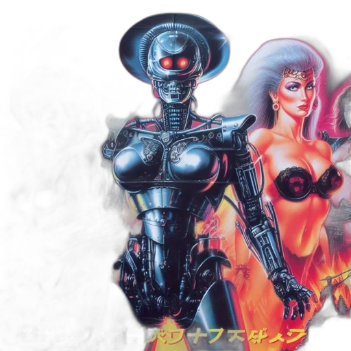 robot, comic book art, concept art, cyberpunk, vaporwave, poster, features, towering transparent PNG cut-out
