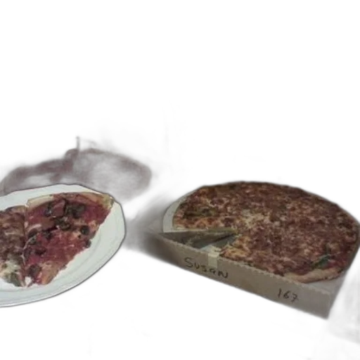 food, 3d render, two, pizzas, boxes, one, slice, missing transparent PNG cut-out