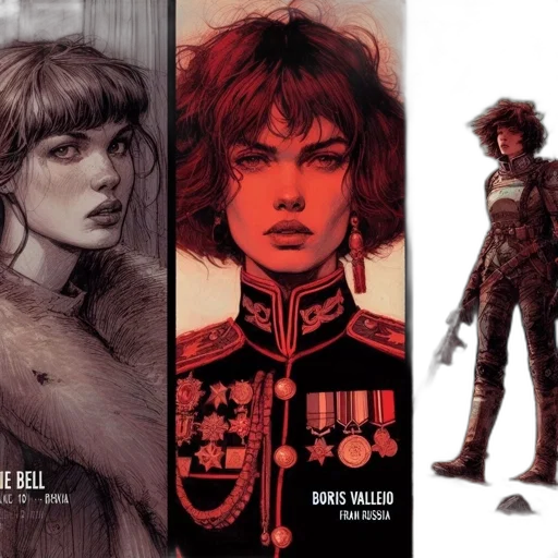 comic book art, concept art, red, earth tones, dark, three, renditions, same transparent PNG cut-out