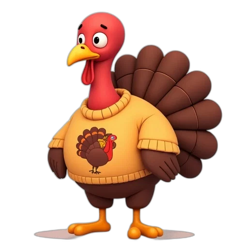 animal, 3d render, concept art, pixel art, cartoon, turkey, wearing, sweater transparent PNG cut-out