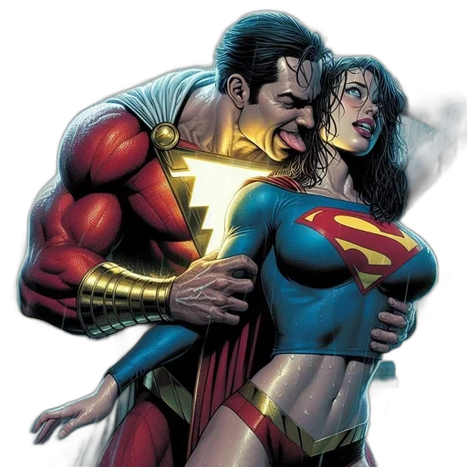 comic book art, concept art, shazam, embraces, worried-looking, supergirl, during, rainstorm transparent PNG cut-out
