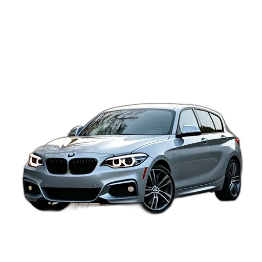 car, 3d render, photorealistic, silver, bmw, hatchback, parked, driveway transparent PNG cut-out