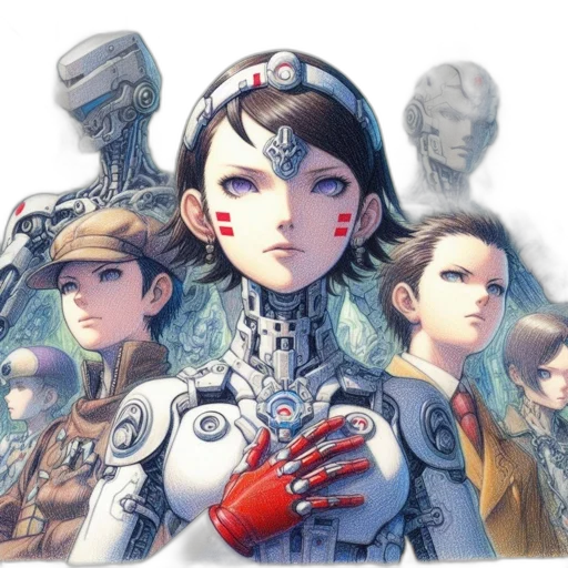 robot, face, concept art, comic book art, pixel art, anime, blue, environment transparent PNG cut-out