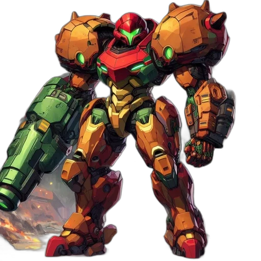 robot, weapon, concept art, pixel art, 3d render, red, orange, robotic transparent PNG cut-out