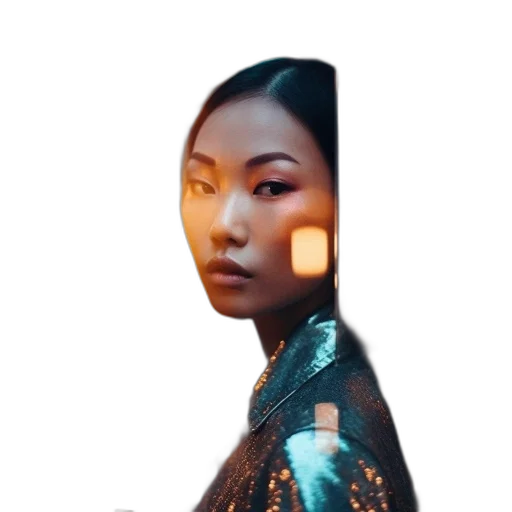 face, dress, robot, jewelry, cyberpunk, photorealistic, concept art, 3d render transparent PNG cut-out
