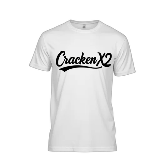 white, t-shirt, word, crackenx2, bold, cursive, font, displayed transparent PNG cut-out