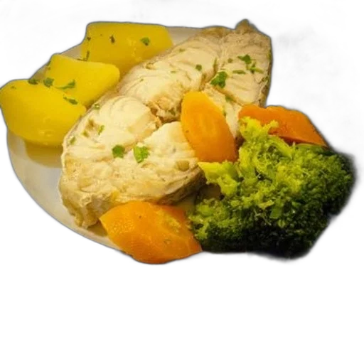 food, photorealistic, 3d render, plate, featuring, fish, potatoes, broccoli transparent PNG cut-out