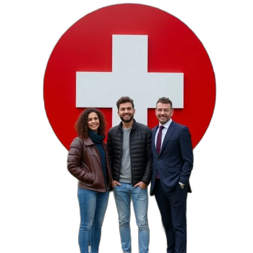 staff, three, people, posing, front, swissmassk, plant, sign transparent PNG cut-out