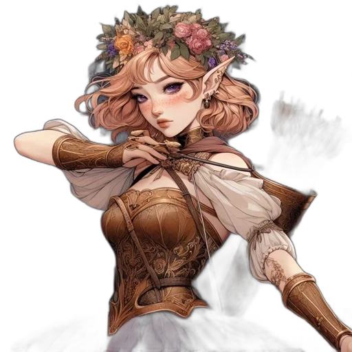 dress, crown, staff, flower, fantasy art, concept art, anime, watercolor transparent PNG cut-out