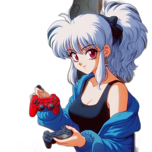 weapon, hair, robot, anime, pixel art, vaporwave, concept art, blue transparent PNG cut-out