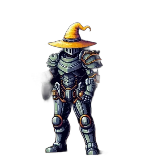 robot, staff, hat, weapon, pixel art, concept art, fantasy art, watercolor transparent PNG cut-out