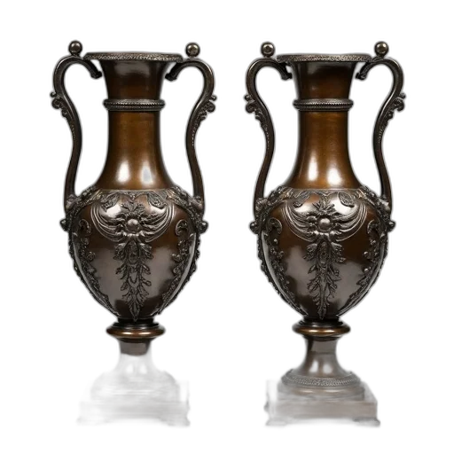 furniture, 3d render, photorealistic, pair, antique, bronze, vases, intricate transparent PNG cut-out