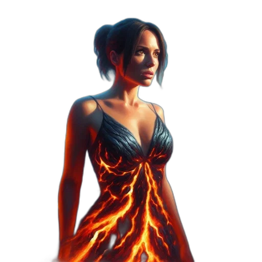 dress, concept art, fantasy art, 3d render, comic book art, fire, woman, stands transparent PNG cut-out