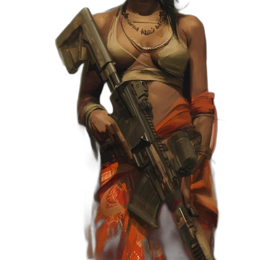 weapon, dress, staff, concept art, cyberpunk, fantasy art, photorealistic, earth tones transparent PNG cut-out