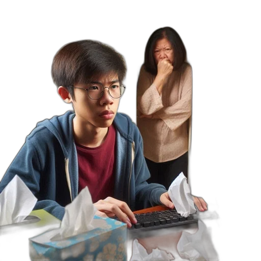 face, photorealistic, 3d render, young, man, sits, cluttered, desk transparent PNG cut-out