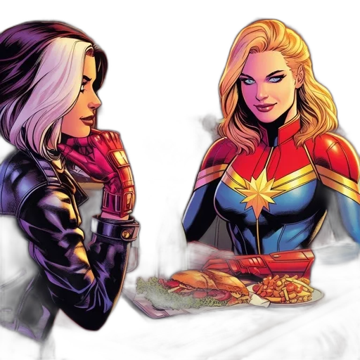 comic book art, concept art, two, female, superheroes, sit, together, dimly transparent PNG cut-out
