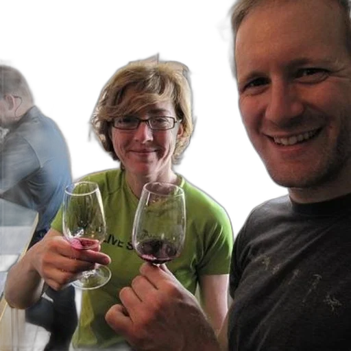 bottle, two, people, holding, wine, glasses, smile, camera transparent PNG cut-out