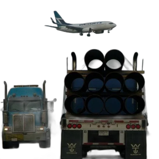 concept art, blue, truck, white, pipes, back, driving, down transparent PNG cut-out