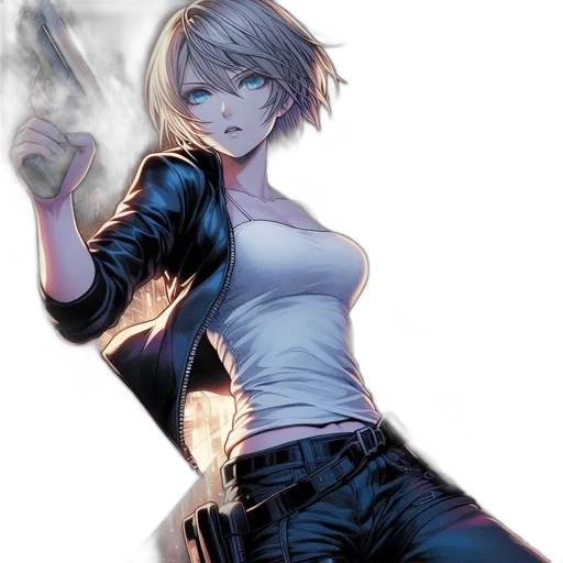 jacket, weapon, comic book art, concept art, cyberpunk, anime, neon lights, fire transparent PNG cut-out