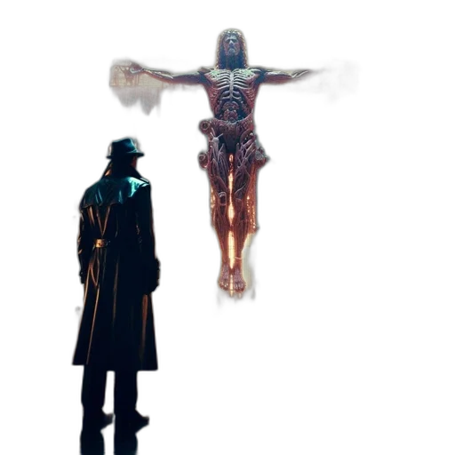 robot, creature, sword, jacket, concept art, cyberpunk, pixel art, comic book art transparent PNG cut-out