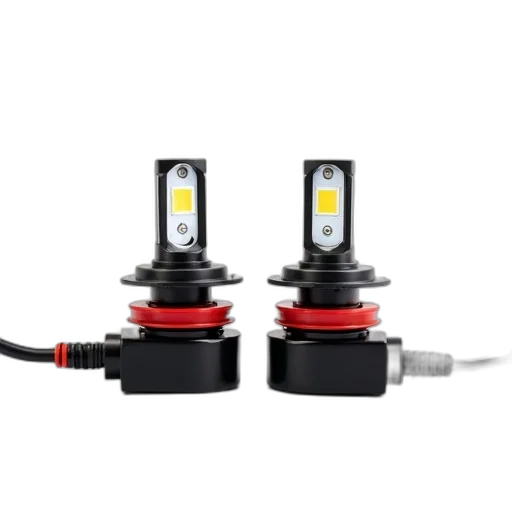 two, identical, led, light, bulbs, black, plastic, casing transparent PNG cut-out