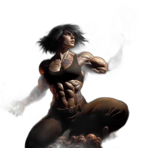comic book art, concept art, fantasy art, photorealistic, earth tones, muscular, woman, dark transparent PNG cut-out